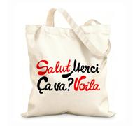 AILOONG Sacs de courses en polyester et coton Inscription française, mots rouges et bleus sur fond blanc tissu épais de 12 oz Réutilisable 31x36cm Moyen