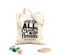 AILOONG Sacs de courses en polyester et coton tissu épais de 12 oz Calligraphie avec verset biblique : « Avec Dieu toutes choses » Réutilisable 25x30cm Petit