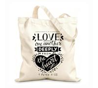 AILOONG Sacs de courses en polyester et coton tissu épais de 12 oz Inscription manuscrite avec un verset biblique : « Aimez-vous les uns les autres ». Réutilisable 31x36cm Moyen