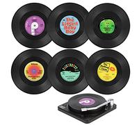 Ailopta 6 sous-Disque CD Rétro avec Support Tourne-Disque, Tapis Tasse en Vinyle Antidérapant Ensemble Dessous Verre, pour Verre À Vin Thé Café Maison Cuisine Décor Idée Cadeau