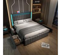AilZylphera Lit capitonné, 140 x 200 cm, avec 4 tiroirs, LED, USB et type C, espace de rangement, lit double, pour adolescent, fonctionnel, en lin, sans matelas, gris, 140 x 200 cm