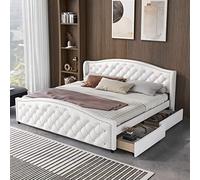 AilZylphera Lit double rembourré, avec espace de rangement, 180 x 200 cm, lit double avec tête de lit et 2 tiroirs sur lit gigogne, lit capitonné en velours, cadre de lit avec lattes en bois, blanc
