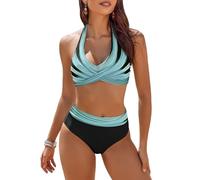 AI'MAGE Femmes Deux pièces Tankini Ensemble Dames Maillots de Bain Maillots de Bain Taille Haute Licou Vintage Bikini, Bleu, M