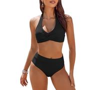 AI'MAGE Femmes Deux pièces Tankini Ensemble Dames Maillots de Bain Maillots de Bain Taille Haute Licou Vintage Bikini, Noir, L