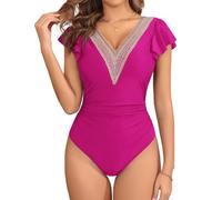 AI'MAGE Maillot de Bain Une pièce en Dentelle à Volants Maillot de Bain avec Contrôle du Ventre Rouge rosé S