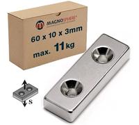 Aimant Bloc avec trou 60 x 10 x 3mm Néodyme N35 - S pôle - 5 pièces