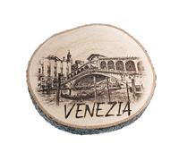 Aimant, calamaraita, cadeau, souvenir décoratif sur tranche de tronc de bois 6,5x7,5 cm, avec Grand Canal, Pont du Rialto, Venise (Lauroceraso)