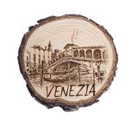 Aimant, calamaraita, cadeau, souvenir décoratif sur tranche de tronc de bois 6,5x7,5 cm, avec Grand Canal, Pont du Rialto, Venise (Cèdre)