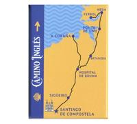 Aimant Camino Inglés - Ferrol & A Corogne à Santiago - Carte d'itinéraires avec étapes - Santiago de Compostelle Souvenir - Aimant de réfrigérateur 8 x 5,5 cm