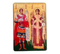 Aimant de réfrigérateur avec icône orthodoxe des archanges Taxiarchae (Michael & Gabriel) - Style byzantin - Décoration d'intérieur chrétienne religieuse - Petite icône grecque - 8 x 5,5 cm