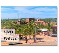 Aimant de réfrigérateur avec palmiers sur la place du château médiéval de Silves Town, Algarve, Portugal