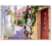 Aimant de réfrigérateur avec rues colorées de la vieille ville de Chania avec fleurs fleuries et pierre ancienne, Crète, Grèce