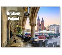 Aimant de réfrigérateur Basilique Sainte-Marie et place du marché principal à Cracovie, Pologne, au lever du soleil