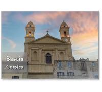 Aimant de réfrigérateur Bastia en Corse, l'église Saint-Jean-Baptiste au Vieux Port, coucher de soleil, design 2