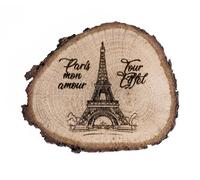 Aimant décoratif sur tranche de tronc de bois avec tour Eiffel Paris 6,5x7,5 cm, france "mon amour" (chêne)
