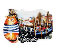 Aimant d'ornement de réfrigérateur design Venise pont du Rialto avec chat et gondoles 3D en bois incrusté et résine époxy de collection 9 x 7 cm