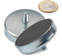 Aimant en pot plat à tige filetée - Diamètre: Ø 10 à 63mm - Prise de filetage: M3 à M6 - Matériel: Ferrite dure - Force de maintien: jusqu'à 35kg - Aimants en pot avec goupille à filetage extérieur, Tailles:Ø 63 | M6 x 15 | 35kg force
