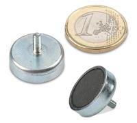 Aimant en pot plat à tige filetée - Diamètre: Ø 10 à 63mm - Prise de filetage: M3 à M6 - Matériel: Ferrite dure - Force de maintien: jusqu'à 35kg - Aimants en pot avec goupille à filetage extérieur, Tailles:Ø 20 | M6 x 30 | 3kg force