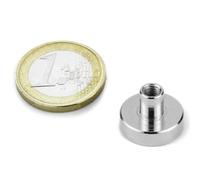 Aimant plat inox à épaulement taraudé - Diamètre: Ø 6 à 32 mm - Prise de filetage: M3 à M5 - Matériel: Néodyme (NdFeB) - Force d'adhérence jusqu'à 35kg - Aimants en pot douille avec filetage femelle, Tailles:Ø 16mm | M4 | 9.5kg force