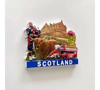 Aimant souvenir 3D Écosse Château d'Édimbourg avec vache Highland, cornemuse, chien Westie et bus rouge
