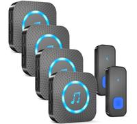 AIMAX Sonnette sans fil avec 2 émetteurs et 4 récepteurs, longue portée 400 m, étanche IP55, 55 sonneries, 5 niveaux de volume avec clignotement LED, installation sans fil, noire