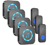 AIMAX Sonnette sans fil avec 3 émetteurs et 4 récepteurs, longue portée 400 m, étanche IP55, 55 sonneries, 5 niveaux de volume avec clignotement LED, installation sans fil, noire
