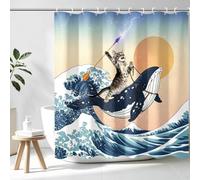 Aimego Rideau de Douche Amusant avec Crochets pour décoration de Salle de Bain, Motif Chat Courageux Tenant Un Trident chevauchant Un Requin dans l'océan, 182,9 x 182,9 cm