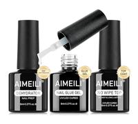 AIMEILI Vernis Gel 3 Pcs, Nail Déshydrateur, Top Coat Ultra Brillant, Gel de Colle à Ongles Colle Faux Ongles Extra Forte Nail Glue pour Pose Américaine Ongles Capsules Presser sur les Ongles