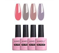 AIMEILI Vernis Semi Permanent Set 4pcs X 10ml Rouge Corail Nude Rose Gris Naturel, Lot Vernis à Ongles Gel Soak Off UV LED Manucure Kit 18