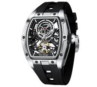 AIMES Montre automatique Tonneau de luxe squelette pour homme - Remontage automatique - Étanche - Analogique - Cadran carré - Grand cadran - Bracelet en silicone, 0603-Argent Noir, luxe mode robe