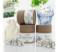 Aimez La Nature 100 Perles de Céramique EM® Avec Joli Pack Ecologique et Sachet Coton Certifié Bio, Purificateur Naturel Eau Robinet, Filtration pour Carafe Bouilloire Lave Linge et Vaisselle