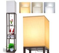 Aimosen LED Lampadaire en Bois avec Étagère, Marron avec Abat Jour et Douille E27, 3 Températures de Couleur pour Salon Bureau Couloir Coin Chambre