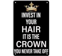 AimQurt Plaque en métal style 4 avec inscription « Invest In Your Hair It Is The Crown You Never Take Off » pour coiffeur, bureau, maison, cafés, bars, pubs, magasins - 14 x 20 cm
