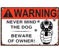 AimQurt Plaque vintage en métal avec inscription « Warning Never Mind The Dog Beware of Owner » - Décoration murale vintage pour extérieur, maison, chambre, porte, cadeaux, bars, restaurants, cafés
