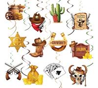 AimtoHome Lot de 48 décorations de fête d'anniversaire de cowboy - Tourbillons à suspendre sur le thème de l'Ouest sauvage avec badge de shérif/affiche de recherche/cactus - Décoration de fête