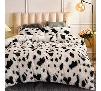 Aimuan Parure de lit 3 pièces en Fausse Fourrure à Poils Longs, imprimé de Vache pelucheuse, de Luxe en Velours Cristal Ultra Doux (Blanc, Grand lit)