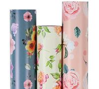 Aimyoo Lot de 3 rouleaux de papier cadeau floral - 43,2 cm x 3 m par rouleau - Pour toutes les occasions - Rose, ivoire, bleu marine - Pour mariage, fête prénuptiale, anniversaire