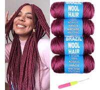 Ainimiu Lot de 4 rouleaux de cheveux brésiliens en laine synthétique pour tressage de fausses dreadlocks au crochet pour femme