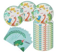 AINIUNIU Kit de Fête D'anniversaire Dinosaure, 32 Pièces de Décoration D'anniversaire Dinosaures - 16 Serviettes en Papier et 16 Assiettes en Carton Motif Jungle pour Enfants, Safari