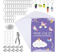 Ainiv 181 Pcs Feuille Plastique Fou, Plastique Magique Kit Comprend 20 Fou Transparent,avec Perforateur, Boucle Ouverte, Anneau de Clé, Broche Et Crochet D'Oreille pour Les Bricolages