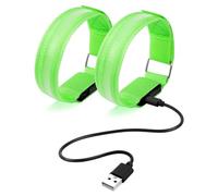 Ainiv 2PCS Brassard Lumineux LED Rechargeable USB, Brassard Réfléchissant LED Running, Ajustable Bracelet Lumineuxde Sécurité pour Bras, Poignet, Course, Cyclisme - Vert