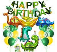 Ainiv Kit Décorations Anniversaire Dinosaur, Ballons Géants en Aluminium Dinosaures avec Happy Birthday Bannière, Jungle Vert Thème, pour Anniversaire ou Toute Fête