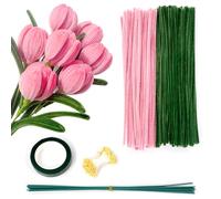 Ainiv Lot de 200 Cure-Pipes Tulipes pour Travaux Manuels, Bâtons Flous Verts Et Roses de 30 Cm, Fournitures Artisanales, Tiges de Chenille avec Poteau à Fleurs, Noyau de Fleur et Ruban de Jardinage