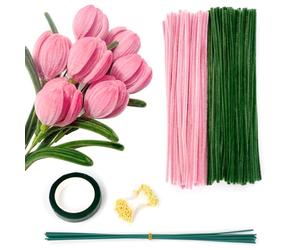 Ainiv Lot de 200 Cure-Pipes Tulipes pour Travaux Manuels, Bâtons Flous Verts Et Roses de 30 Cm, Fournitures Artisanales, Tiges de Chenille avec Poteau à Fleurs, Noyau de Fleur et Ruban de Jardinage