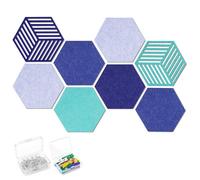 Ainiv Lot de 8 Panneau de Liège Hexagonal, Tableau d'Affichage en Feutre avec 40 Punaises et 10 Pinces en Bois Colorées, pour la Décoration Murale de l'école, du Bureau et de la Maison, Tons Bleus