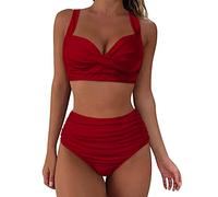 Ainiyo Bikini pour femme, ventre plat, grande poitrine, col en V, motif floral croisé, maillot de bain, bikini deux pièces, taille haute, push-up, pour femme, 2 vins, M