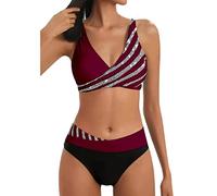 Ainiyo Bikini push-up élégant deux pièces à rayures à paillettes maillot de bain string maillot de bain taille haute bikini confortable doux épaules dénudées, #01-vin, L