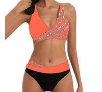Ainiyo Bikini push-up élégant deux pièces à rayures à paillettes maillot de bain string maillot de bain taille haute bikini confortable doux épaules dénudées, #03-Orange, XXL