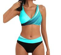 Ainiyo Bikini push-up élégant deux pièces à rayures à paillettes maillot de bain string maillot de bain taille haute bikini confortable doux épaules dénudées, #02-bleu clair, XL