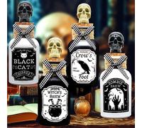 Ainswei Décorations d'Halloween d'intérieur, 4 bouteilles de potion avec liège, 12 étiquettes autocollantes d'Halloween, bouteilles en verre d'apothicaire noir et blanc, pour plateau à niveaux,